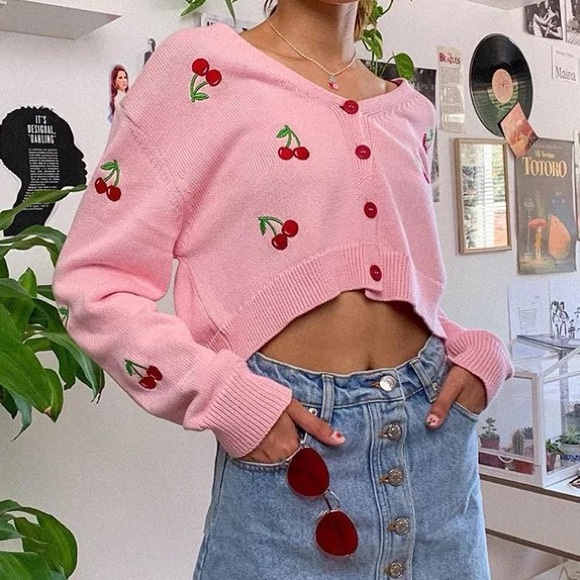 Sweaters - Pink Cherry Embroidered Cardigan